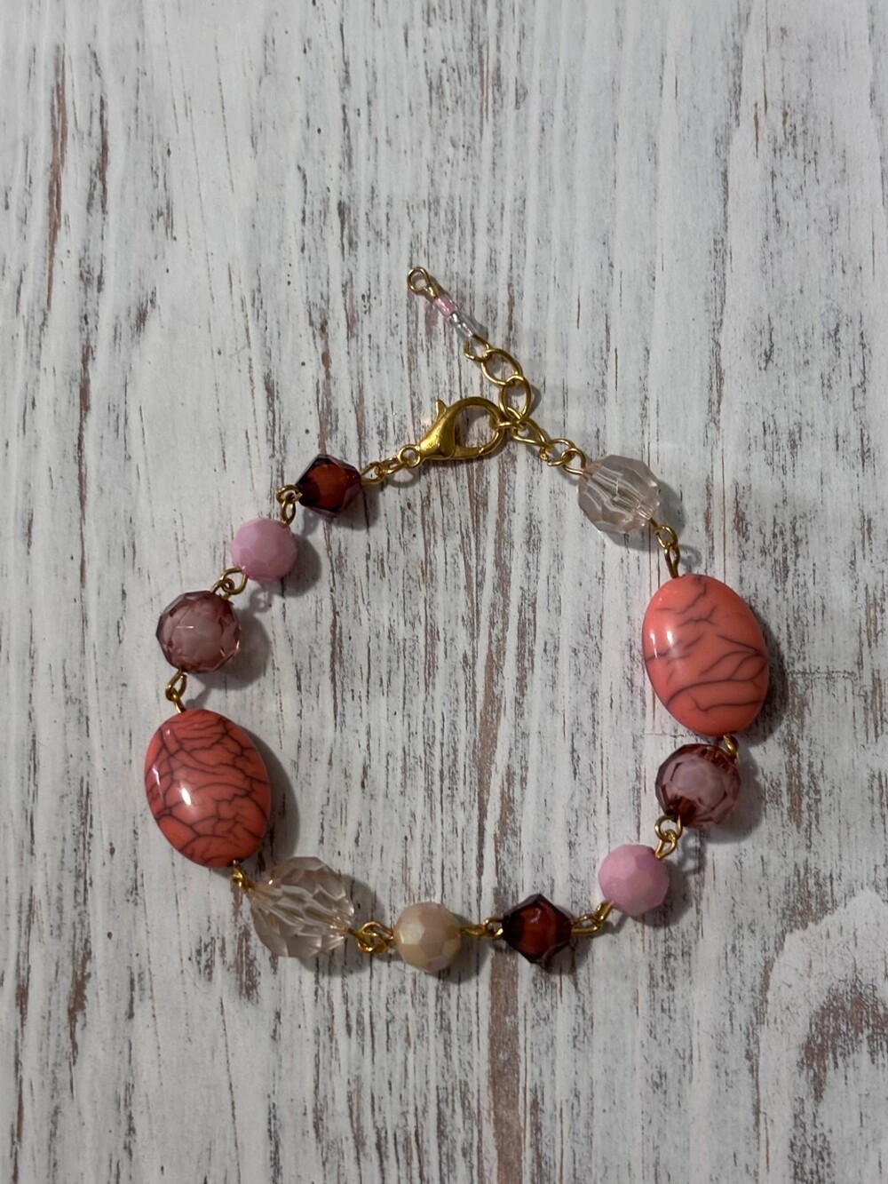 Handmade Pink Beaded Charm Bracelet Boho Gold